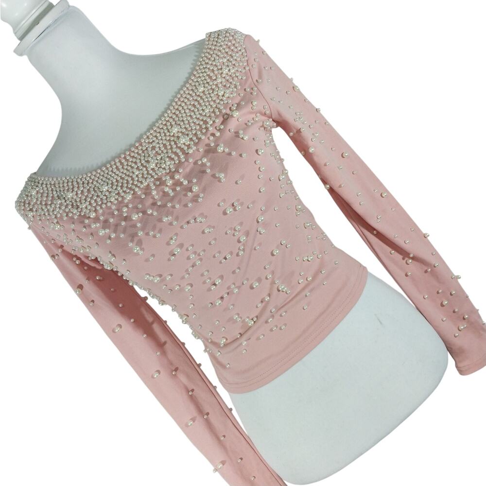 LC Lauren Conrad Pink Embellished Off-Shoulder Long Sleeve Top